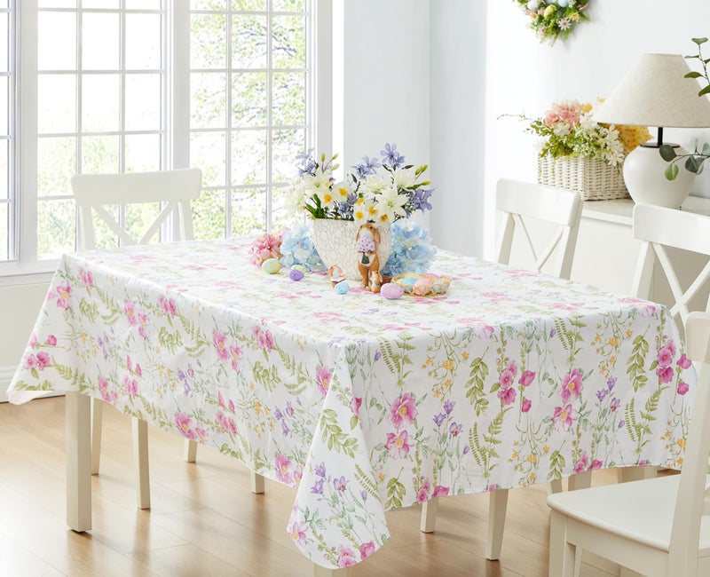 Newbridge Easter Wildflower Fields Floral Vinyl Flannel Backed Tablecloth, 52 x 52 Inch Square, Pink and Purple Wild Flowers Easy Care Vinyl Tablecloth with Flannel Backing for Holiday Party - Image 1